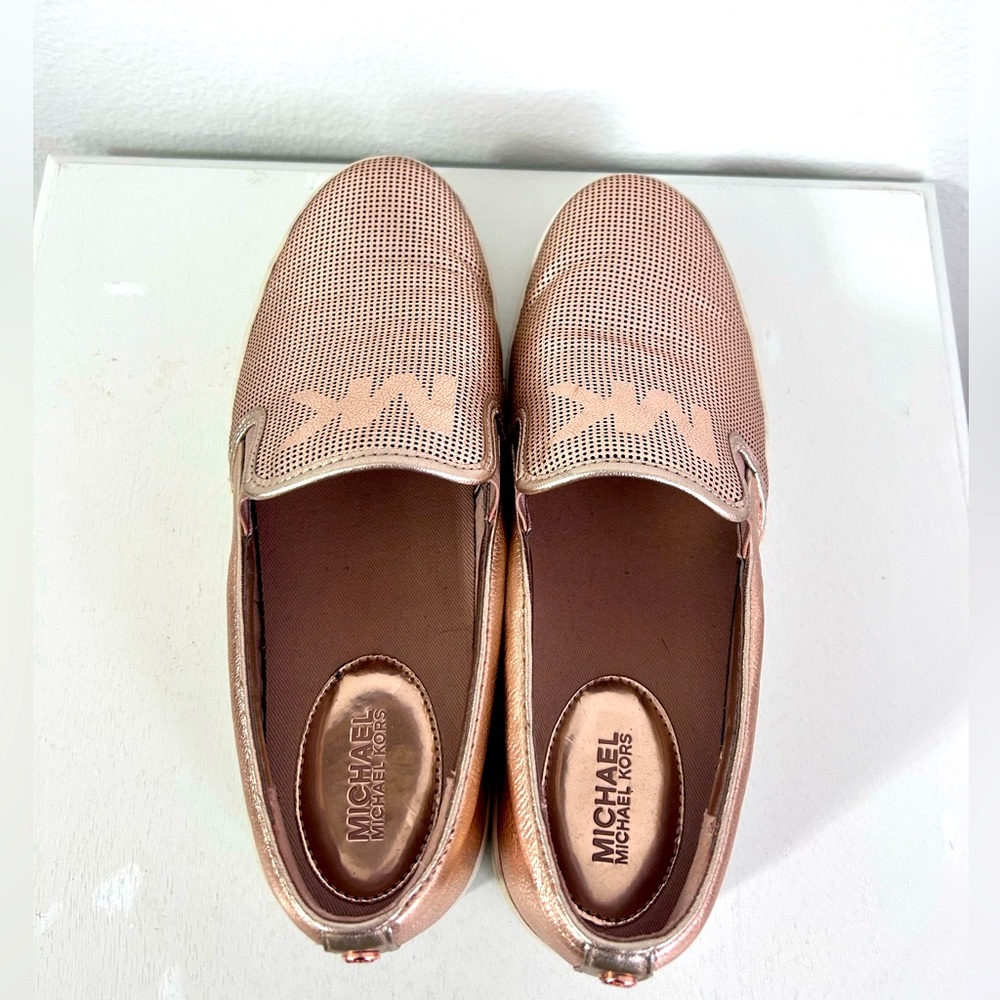MICHAEL KORS women Rose Gold Leather  Keaton Metallic copper slip on loafers